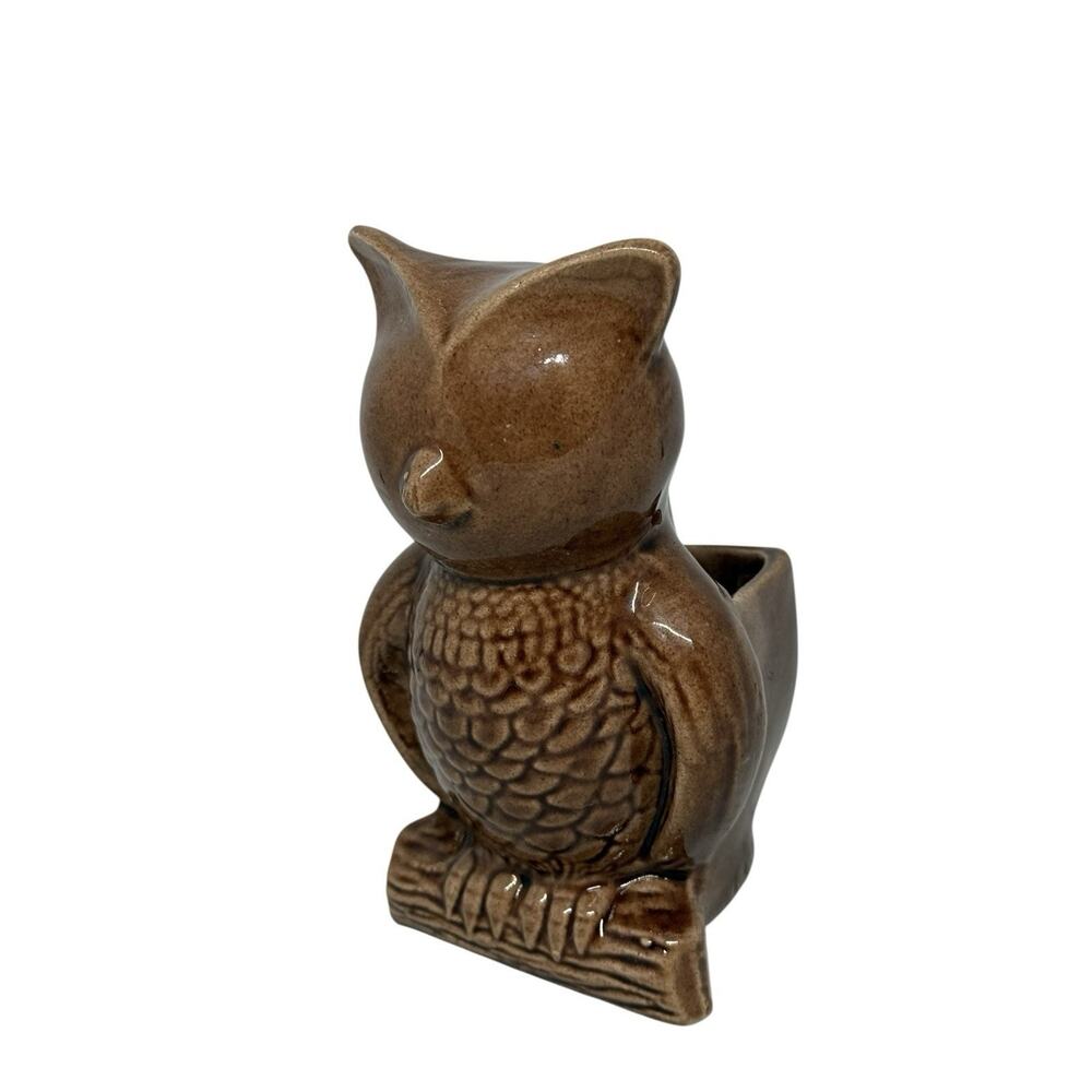 Vintage Glossy Brown Ceramic 5 1/2” Owl Wall Planter Figurine MCM Collectible